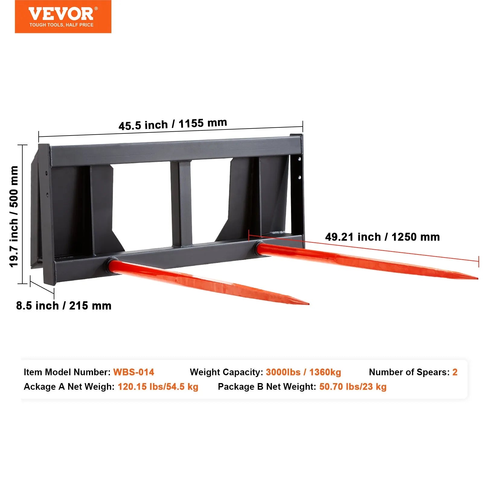 VEVOR 49" Hay Spear, Bale Spears 3000lbs Loading Capacity, Skid Steer Loader Tractor Attachment 2pcs Spears, Quick Attach Spike Forks