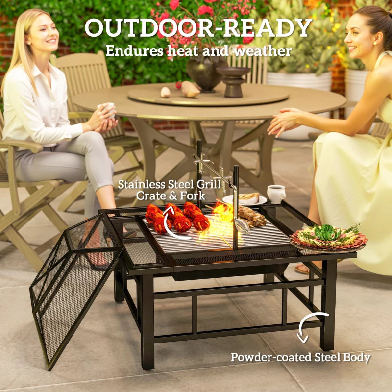 31.9" x 31.9" x 27.8" 2-in-1 Outdoor Fire Pit Firepit with BBQ Grill Grate, Wood Fire Pit with Adjustable Foot Pads, Outer Ledge, Poker, Mesh Lid for Backyard, Black
