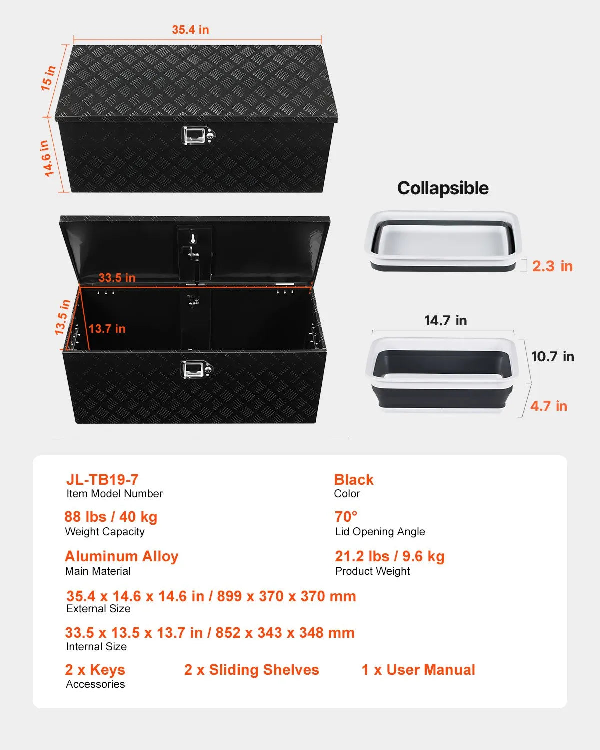 VEVOR 35.4"x14.6"x14.6" Heavy Duty Aluminum Truck Bed Tool Box for Pickup Black