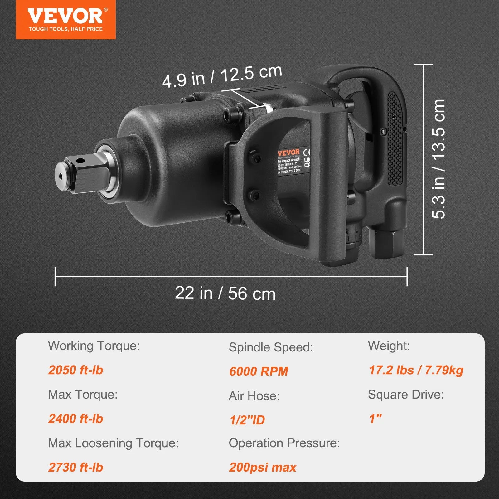 VEVOR 1 Inch Air Impact Wrench, Up to 2730 ft-lbs Reverse Torque Output 1" Pneumatic Impact Gun Lightweight w/ 2 Handles for Heavy Duty Repairs and Maintenance