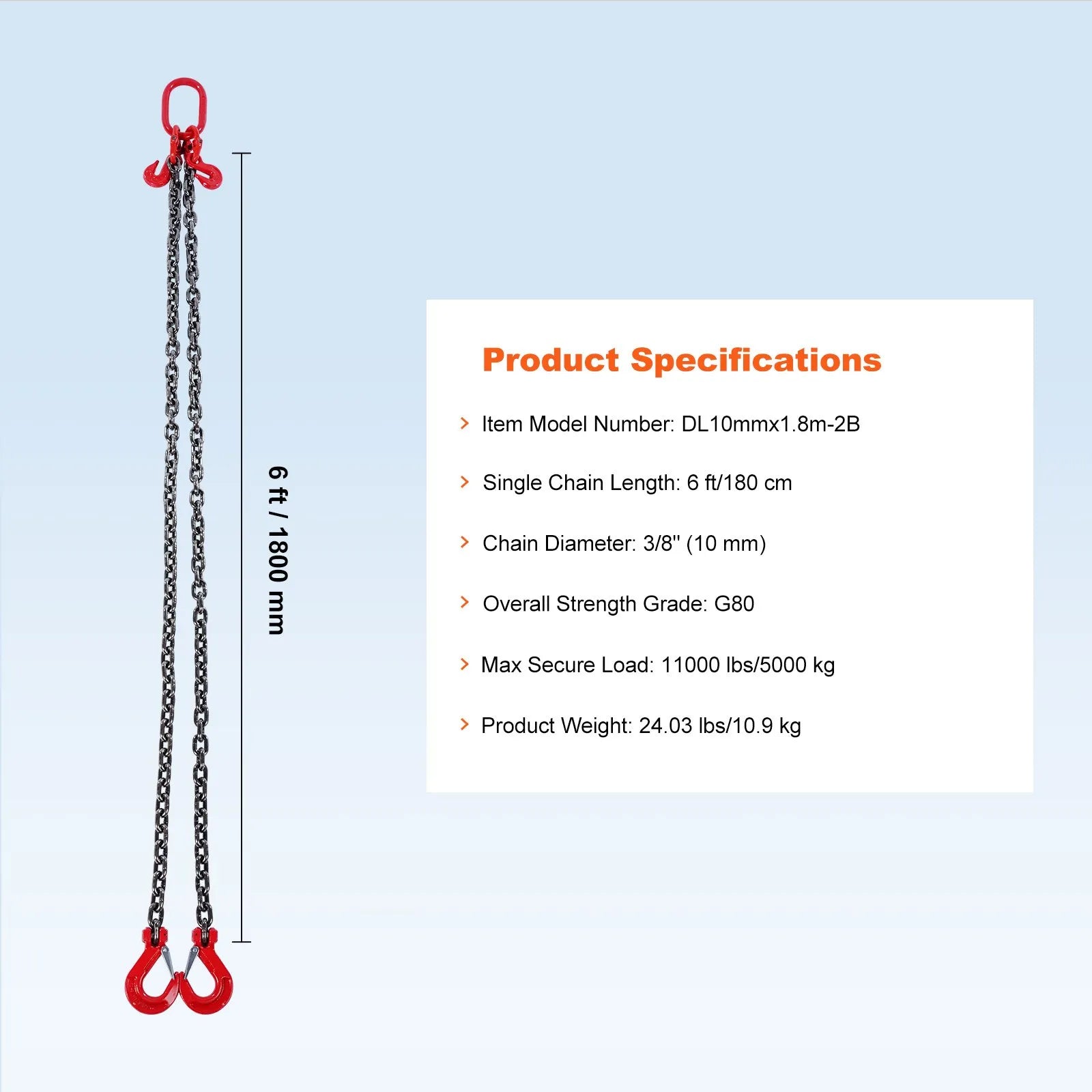 VEVOR 3/8" x 6' Chain Sling 2 Legs G80 Lifting Chain with Grab Hooks 11000 lbs