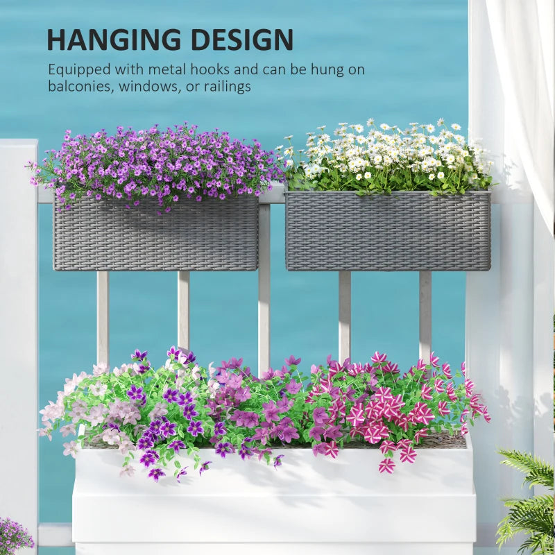 2 Pack 20 Inch Hanging Flower Pots, Railing Planter Box for Fence, Garden, Rattan Look, Grey