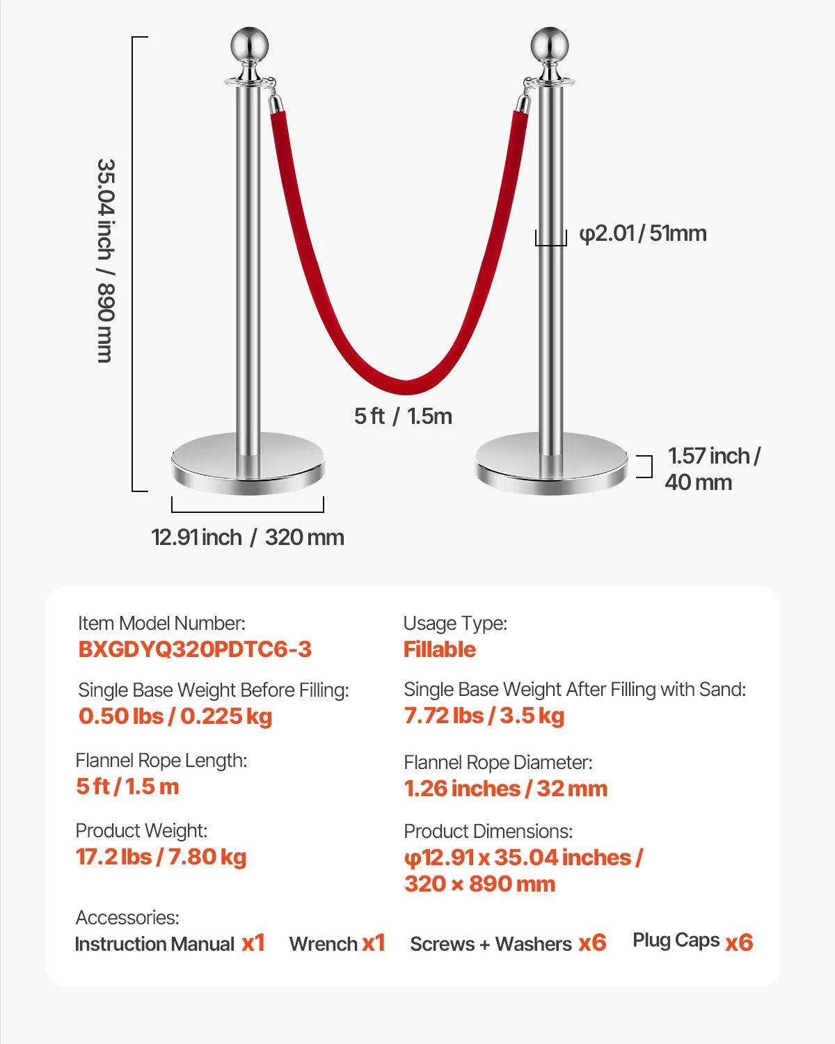 VEVOR 6 Pcs Silver Stanchion Post 3 Red Velvet Ropes Sand Injection Hollow Base