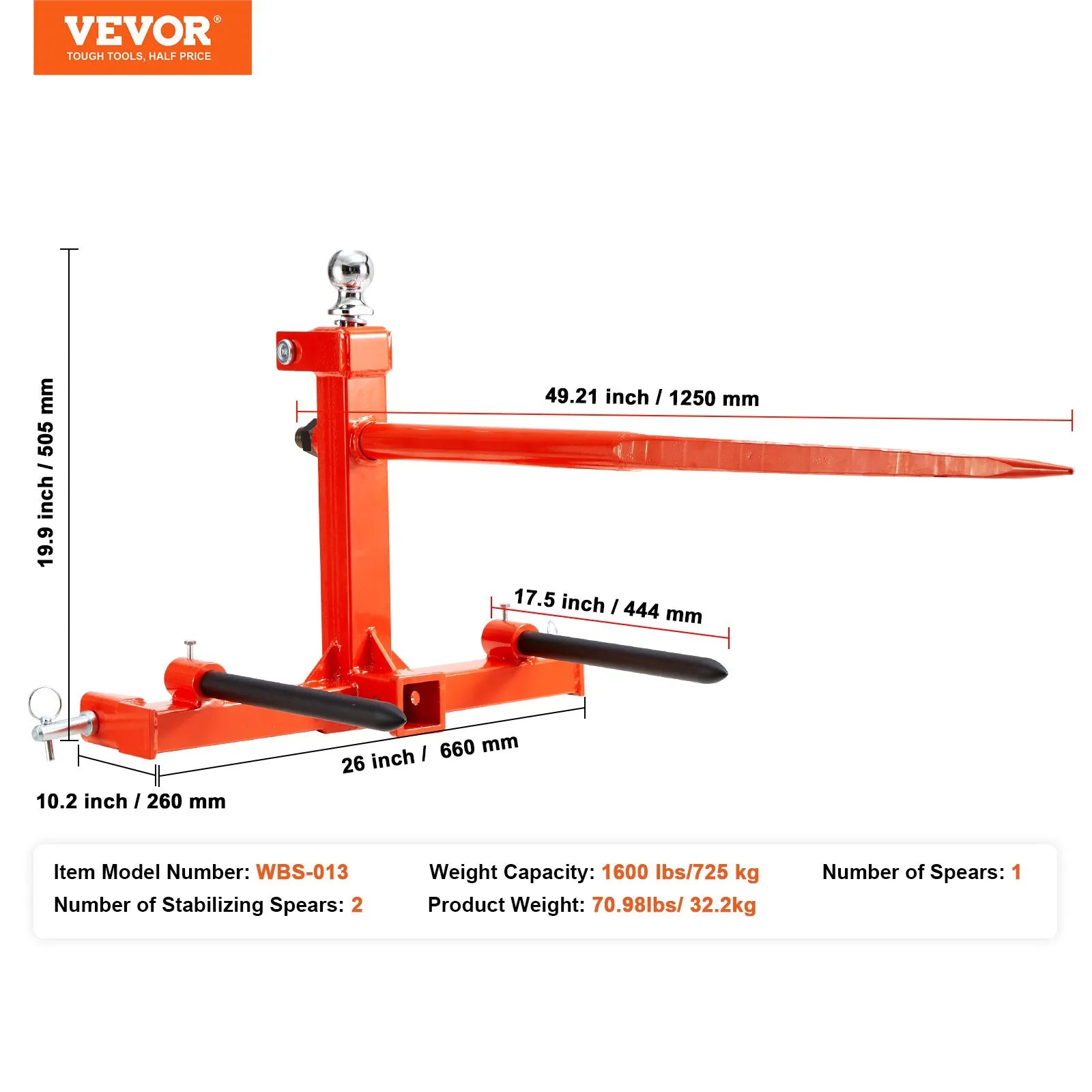 VEVOR 49" Hay Spear, Bale Spears 1600lbs Loading Capacity, Three-Point Hitch Tractor Attachment with 2pcs 17.5" Stabilizer Spears, Quick Attach Spike Forks