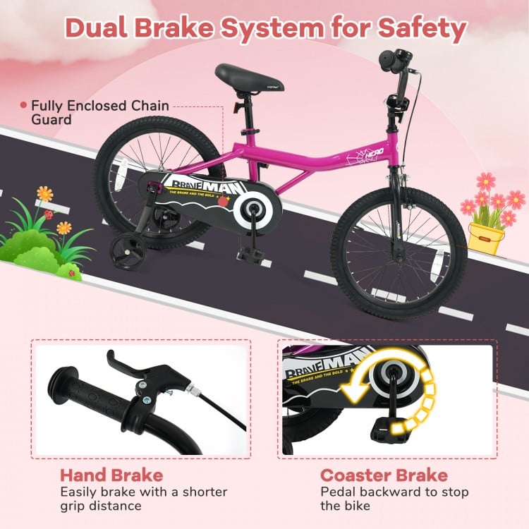 18-Inch Kids Bike with Removable Training Wheels Pink-Brave Hero