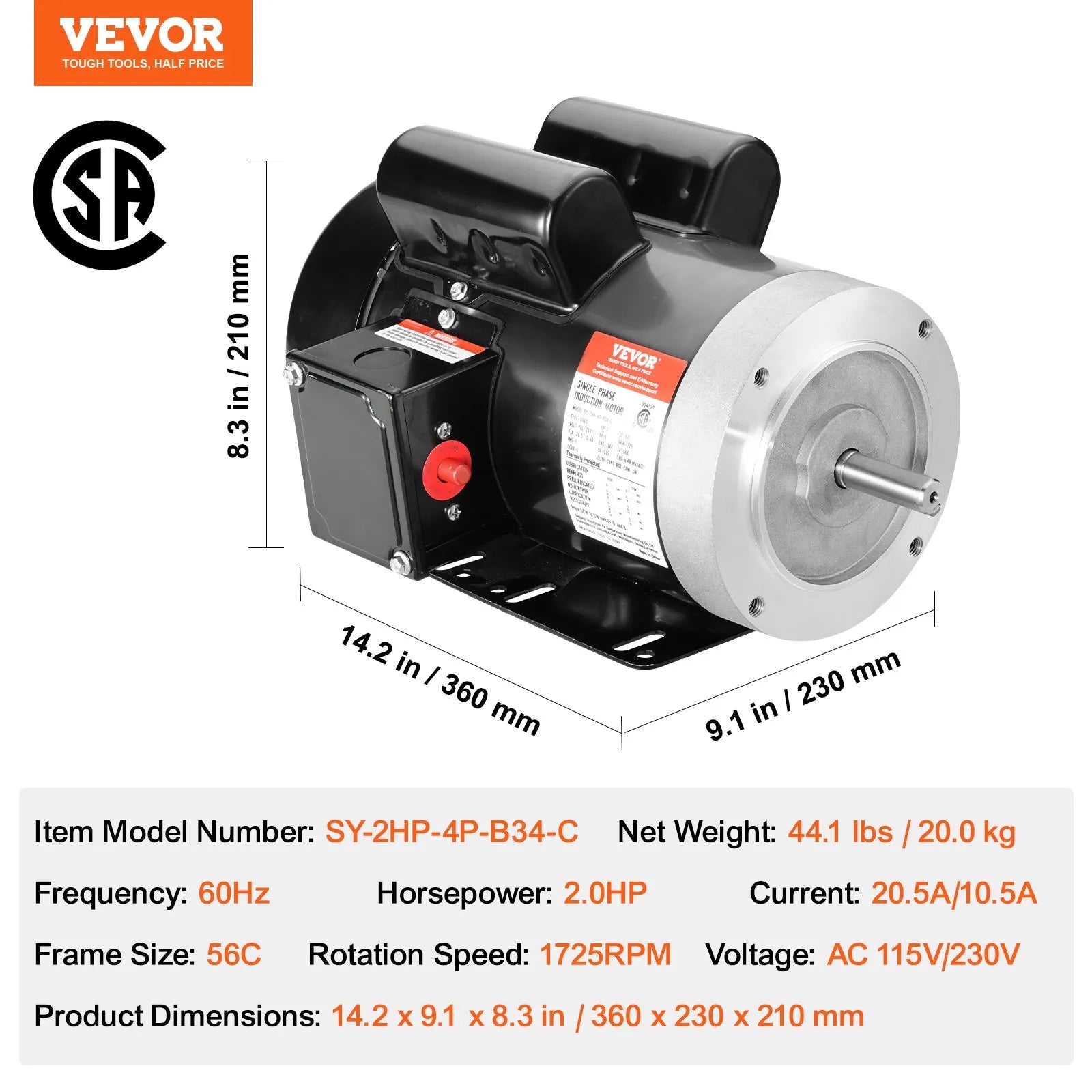 VEVOR 2HP Electric Motor 1725RPM AC 115V/230V 56C Frame 1-Phase 5/8" Keyed Shaft