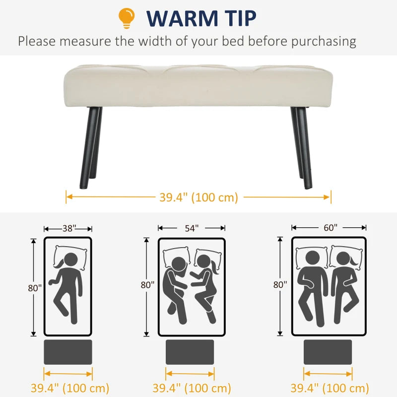 39 Inches Upholstered Bedroom Bench, Modern End of Bed Bench with Steel Legs, Cream White
