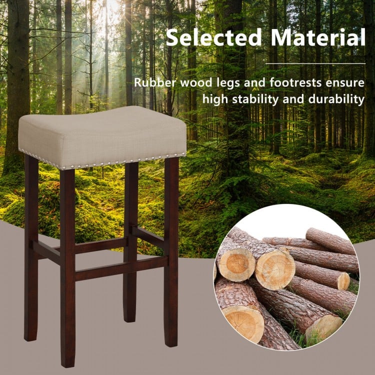 2 Set of 29 Inch Height Upholstered Bar Stool with Solid Rubber Wood Legs and Footrest-Beige