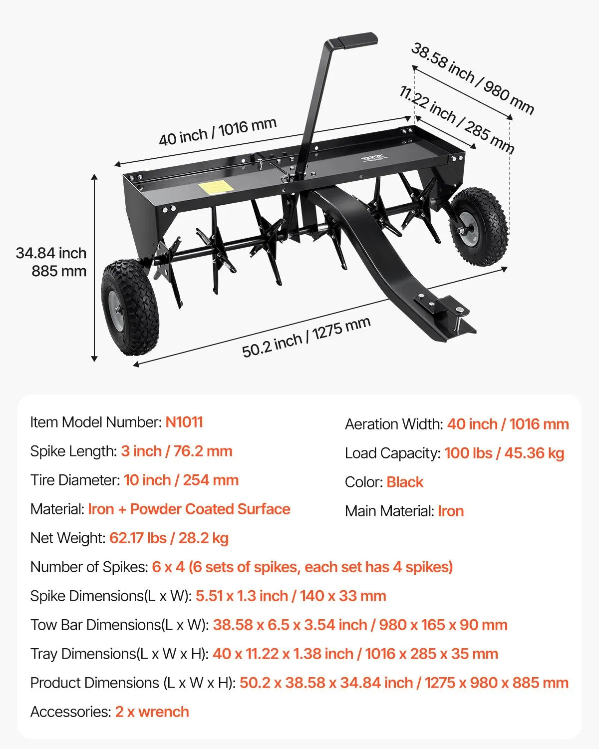 VEVOR 40" Tow Behind Plug Aerator with Universal Hitch Lawn Aerator Tow Behind
