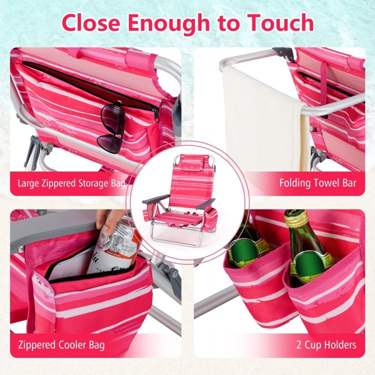 2 Packs 5-Position Outdoor Folding Backpack Beach Table Chair Reclining Chair Set-Hot Pink