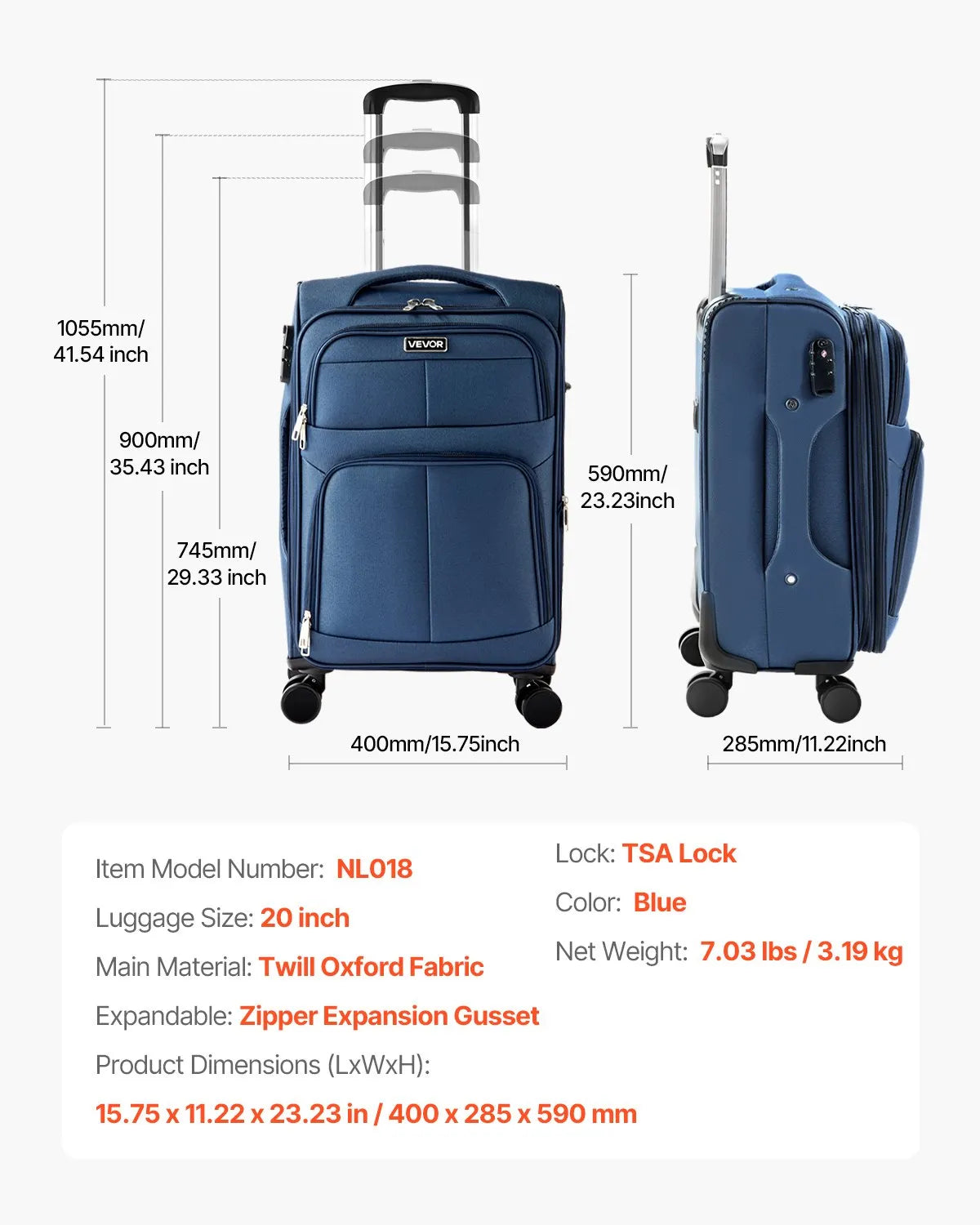 VEVOR 20" Softside Expandable Luggage with Spinner Wheels Carry on Suitcase Blue