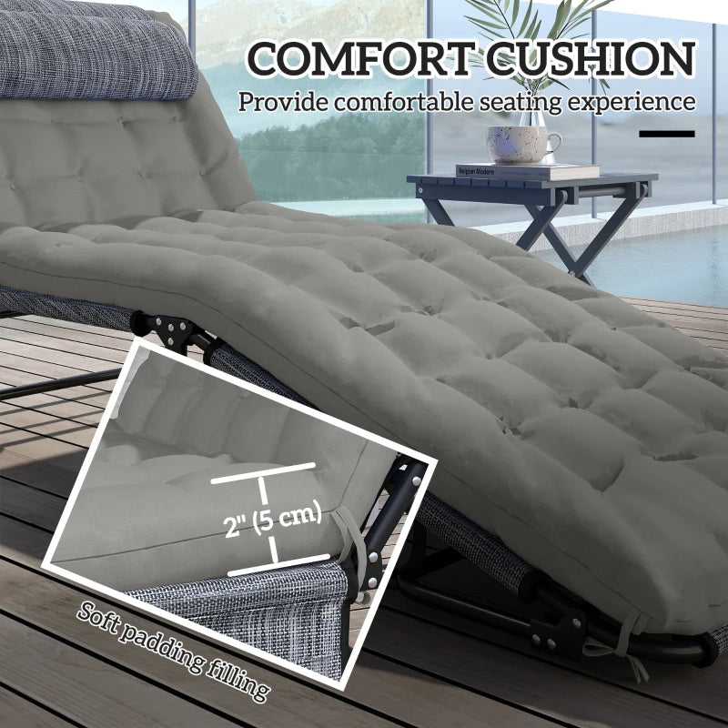 2-Piece Folding Lounge Chairs with Adjustable Backrest, Tanning Chair with Cushion, Side Pocket, Headrest, Grey
