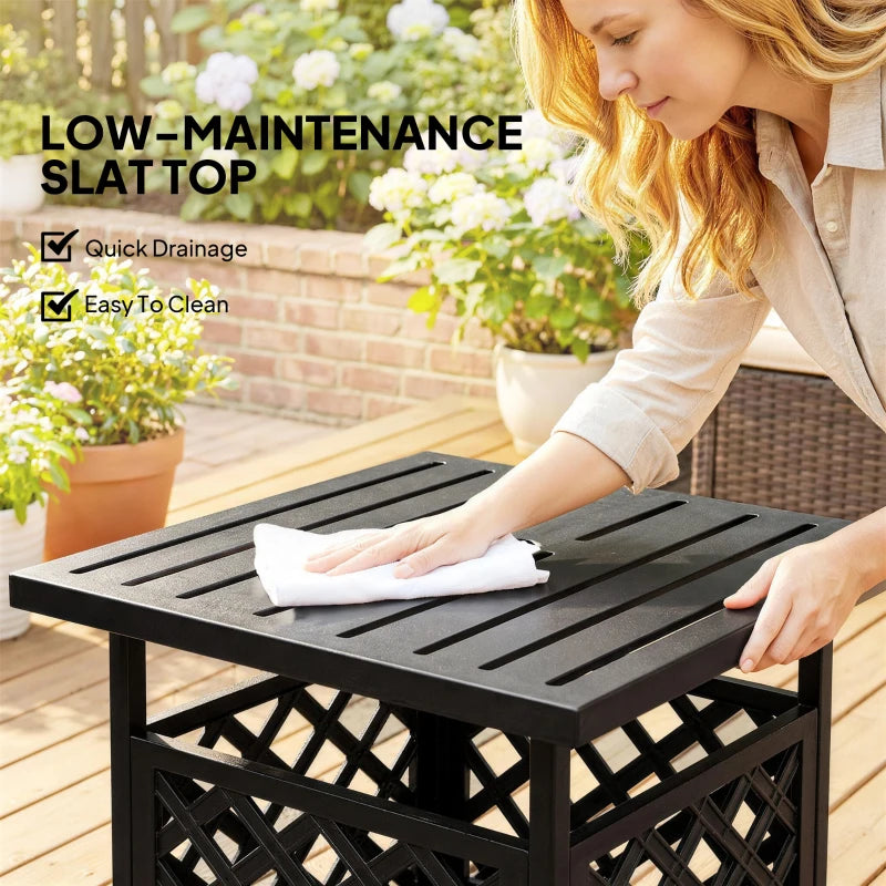22" Outdoor Coffee Table, Patio Side Table with Umbrella Hole Slatted, Metal Top, for Garden, Backyard, Poolside, Black