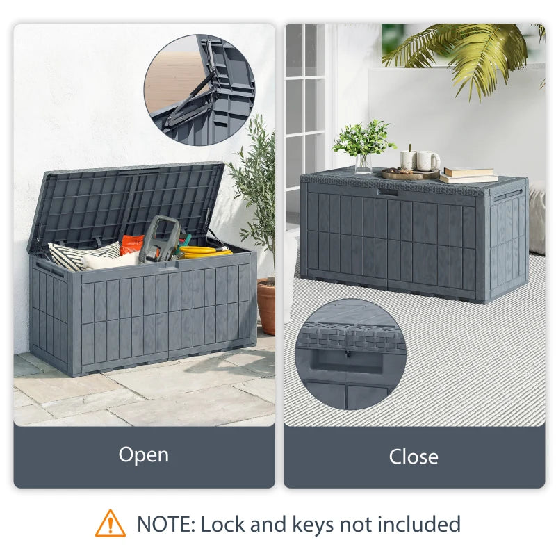 100 Gallon Resin Deck Box, Waterproof Lockable Outdoor Storage Box with Pneumatic Gas Rods, Side Handles