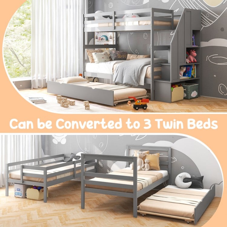 Home Wood Bunk Bed with Guard Rail and 4-step Storage Stairs No Box Spring Needed-Gray