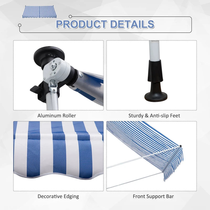 10x5ft Manual Retractable Awning, Patio Sun Shade Canopy Shelter with 5.6-9.2ft Support Pole, Water Resistant UV Protector, for Window, Door, Porch, Deck, Blue