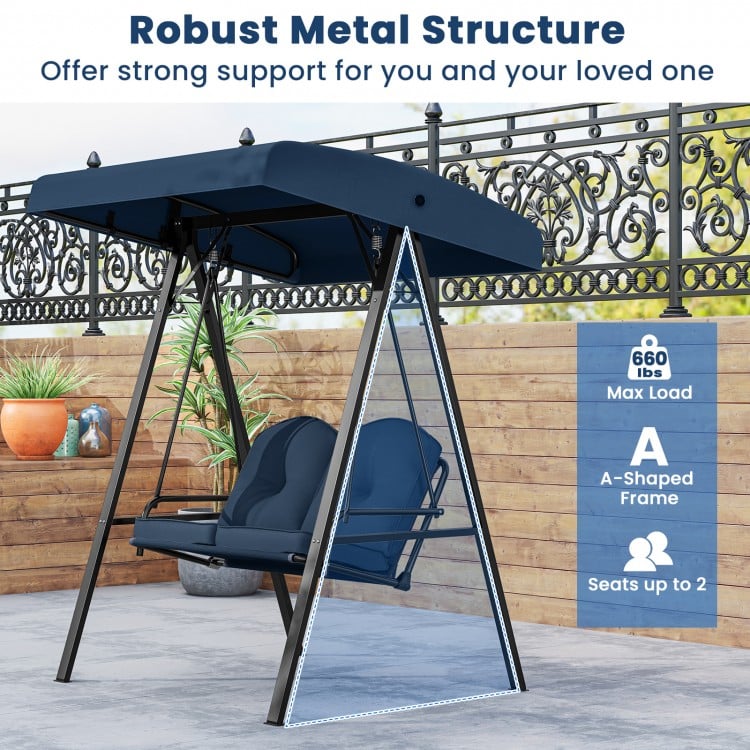 2-Person Outdoor Porch Swing with A-Shaped Metal Stand and Adjustable Canopy-Navy