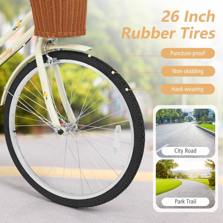 26 Inch Beach Cruiser Bike for Women with Woven Basket and Rear Rack - Beige
