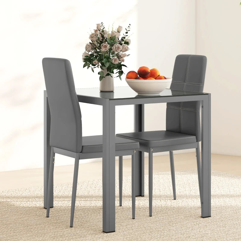 3-Piece Rectangular Glass Kitchen Table and Chairs with Metal Frame and Faux Leather Upholstery for Dining Room, Grey