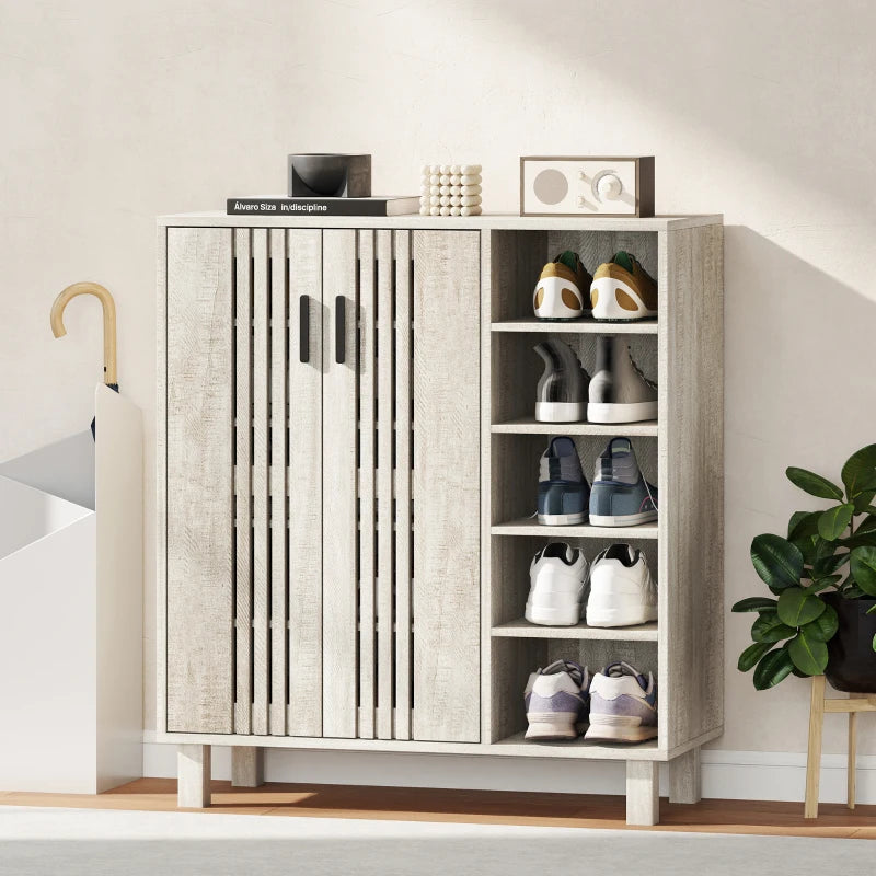 Shoe Storage with Double Doors and Open Shelves 17 Pair Shoe Storage Organizer for Entryway Hallway Light Grey