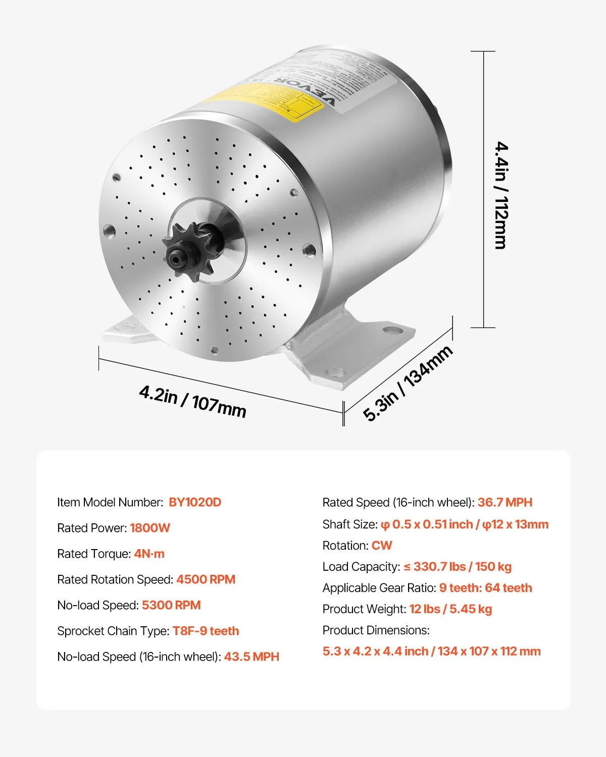 VEVOR 1800W Electric Brushless DC Motor Kit 48V 4500rpm with Upgraded Controller