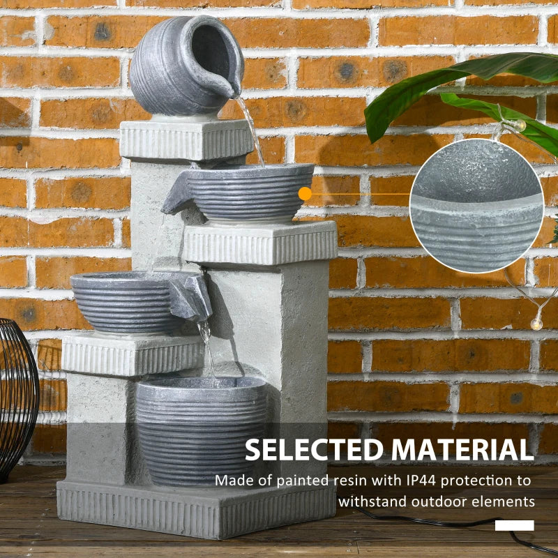 4-Tiered Outdoor Jar and Bowls Water Fountain with LED Lights, Adjustable Flow, 26.4-inch Resin Waterfall Fountain