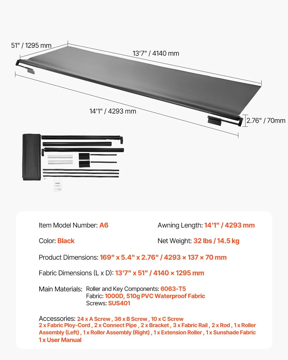 VEVOR 13'1" (12'7") RV Slide Out Awning Black Slide Topper Awning for RVs