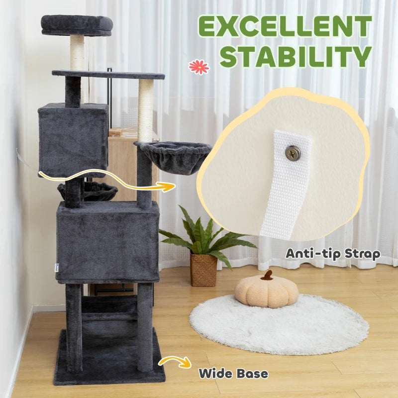 66 Inch Large Cat Tree with 2 Door Condos, 3 Big Hammocks, Plush Top Perch, Sisal Scratching Posts, Dark Grey