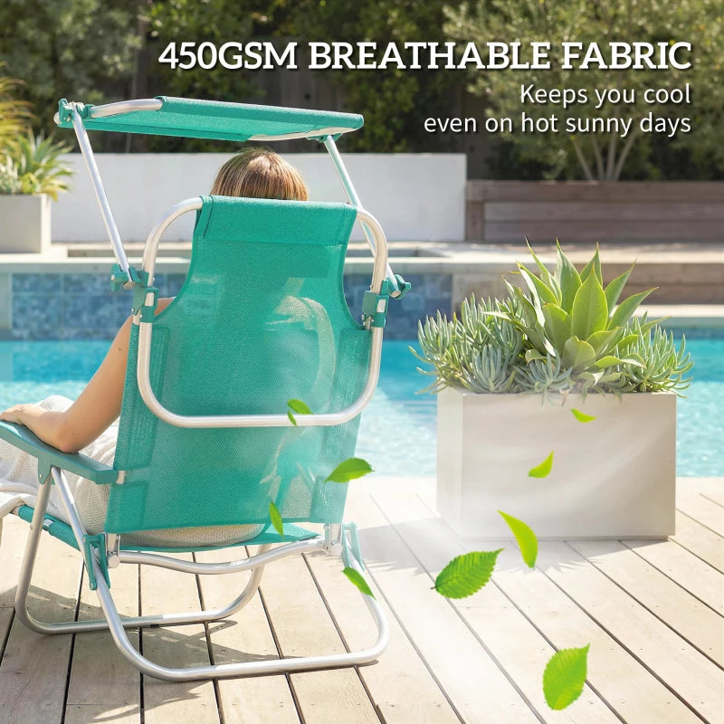 2 Piece Folding Beach Chairs with Adjustable Canopy, 6-Position Reclining Lounge Chair with Headrest, Turquoise