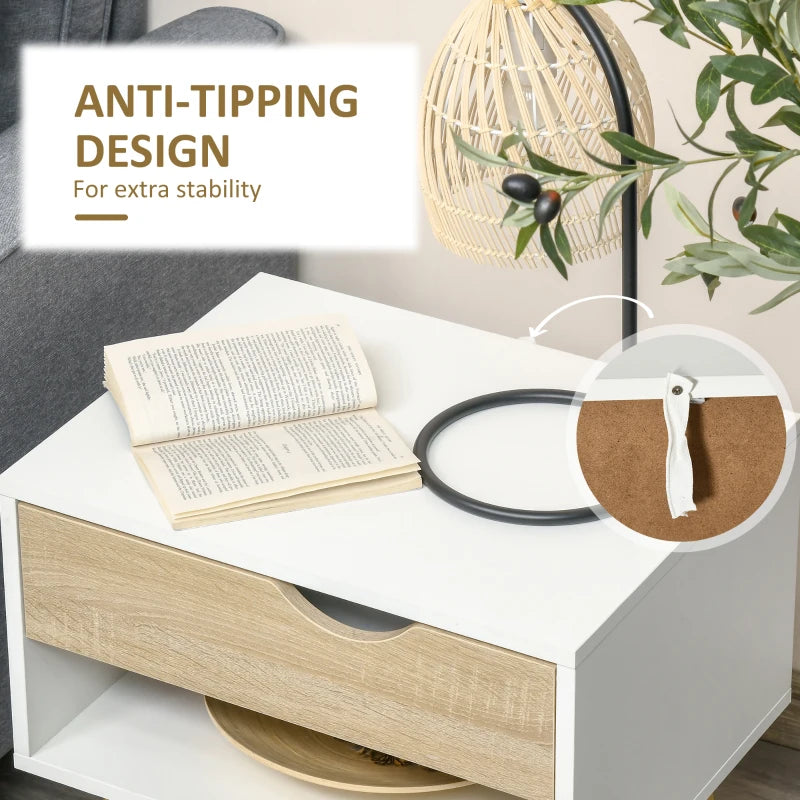 Set of 2 Bedside Table with Drawer and Shelf, Modern Nightstand with Wooden Legs, End Table for Bedroom, White