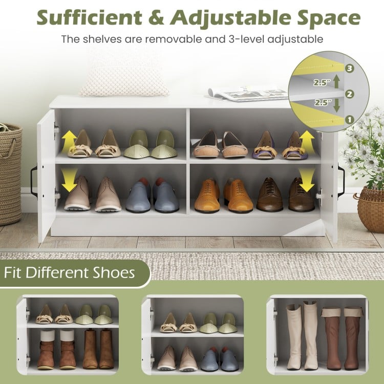 2-Door Shoe Bench Shoe Storage Cabinet with Adjustable Shelves-White