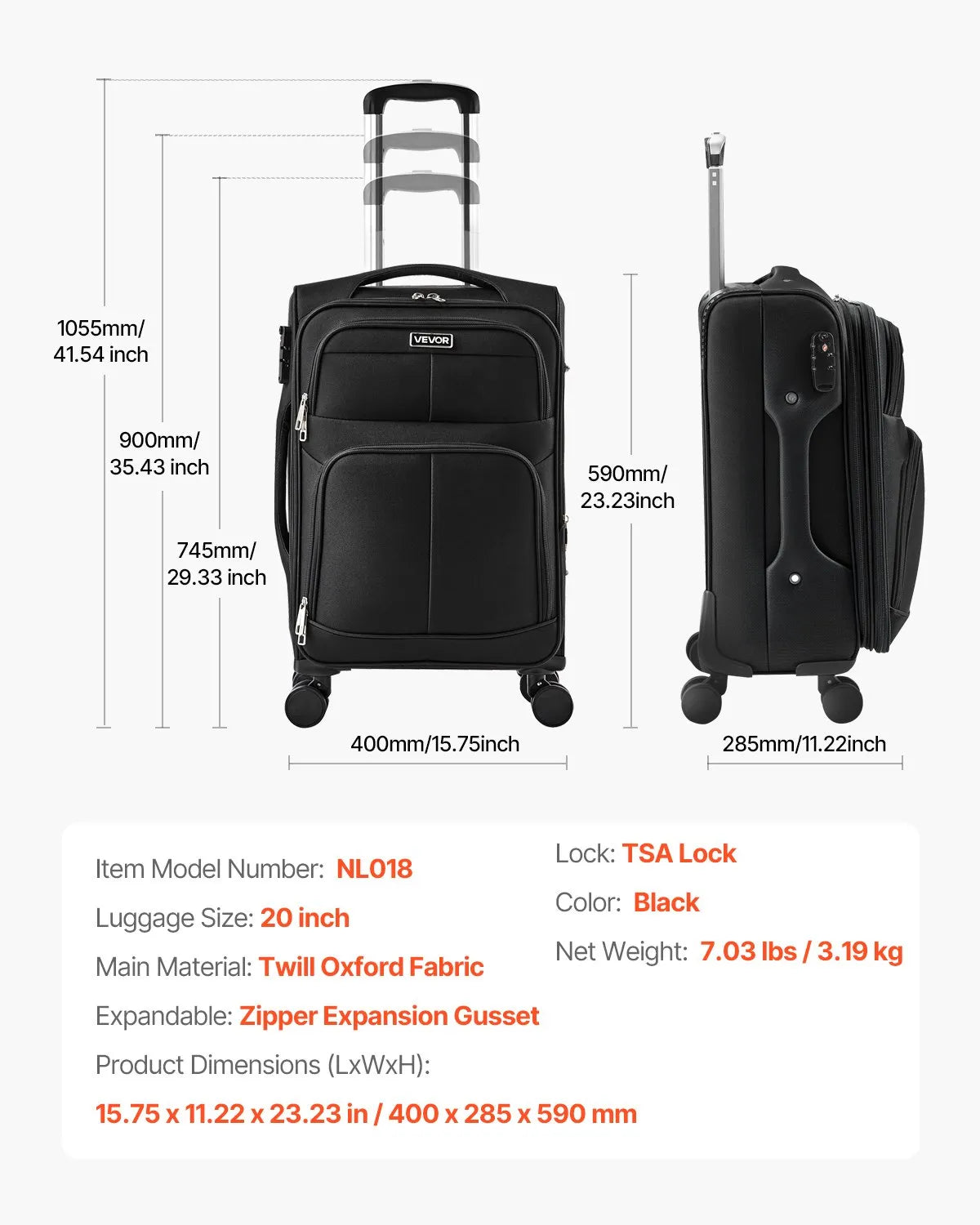 VEVOR 20" Softside Expandable Luggage with Spinner Wheel Carry on Suitcase Black