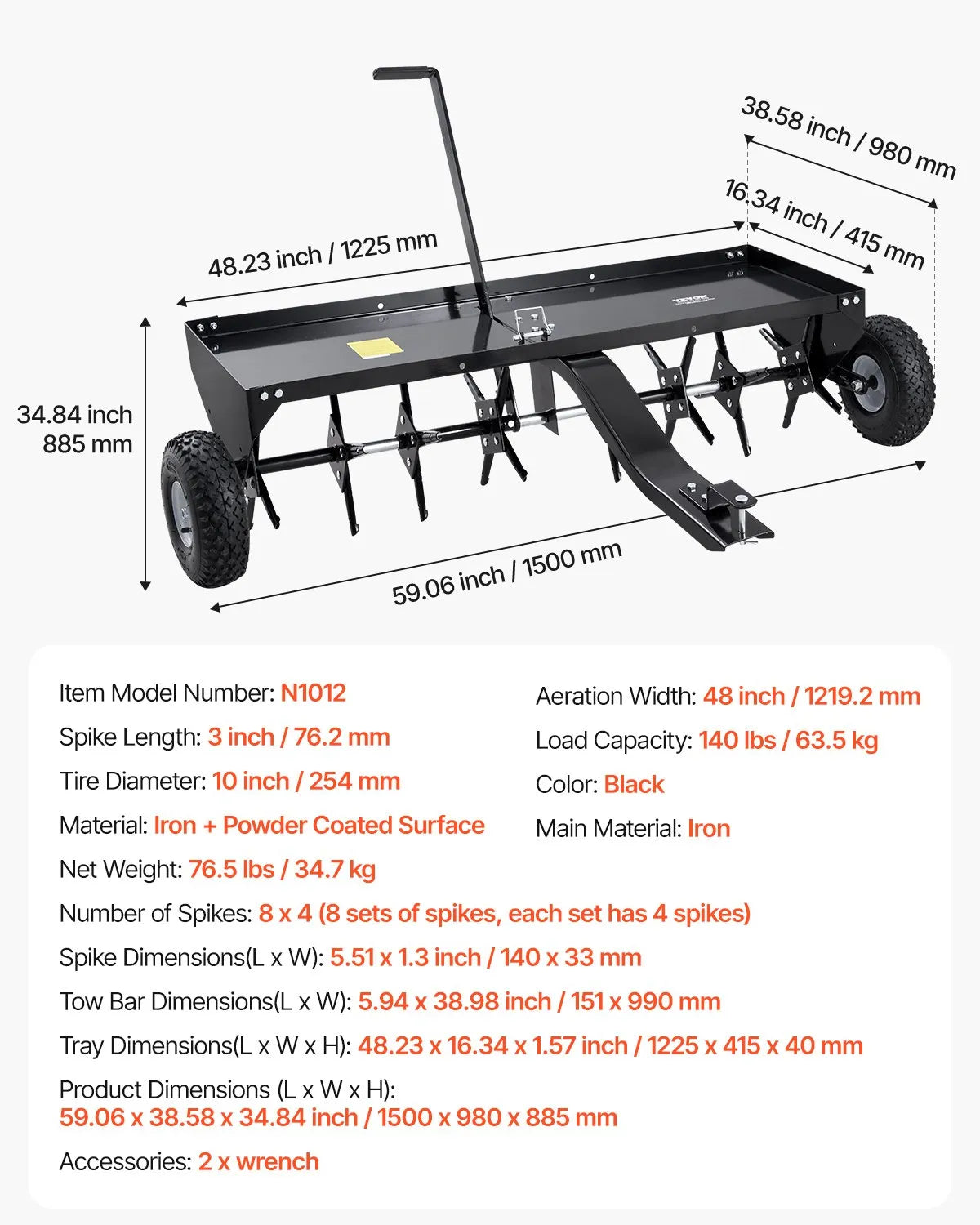 VEVOR 48" Tow Behind Plug Aerator with Universal Hitch Lawn Aerator Tow Behind
