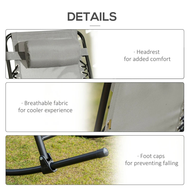 2pc Patio Foldable Rocking Chair Set w/ Breathable Mesh Seat & Backrest, Headrest for Park, Backyard, Garden, Grey