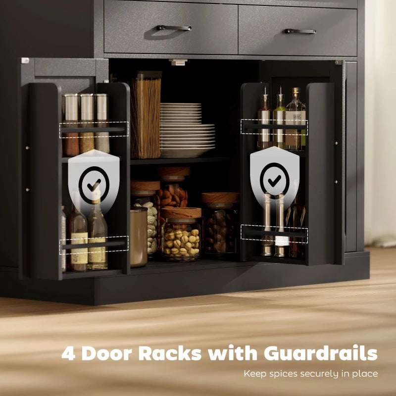 7 Gallon Tilt Out Garbage Cabinet, Kitchen Island with Charging Station, 2 Drawers, 4 Door Racks, Black