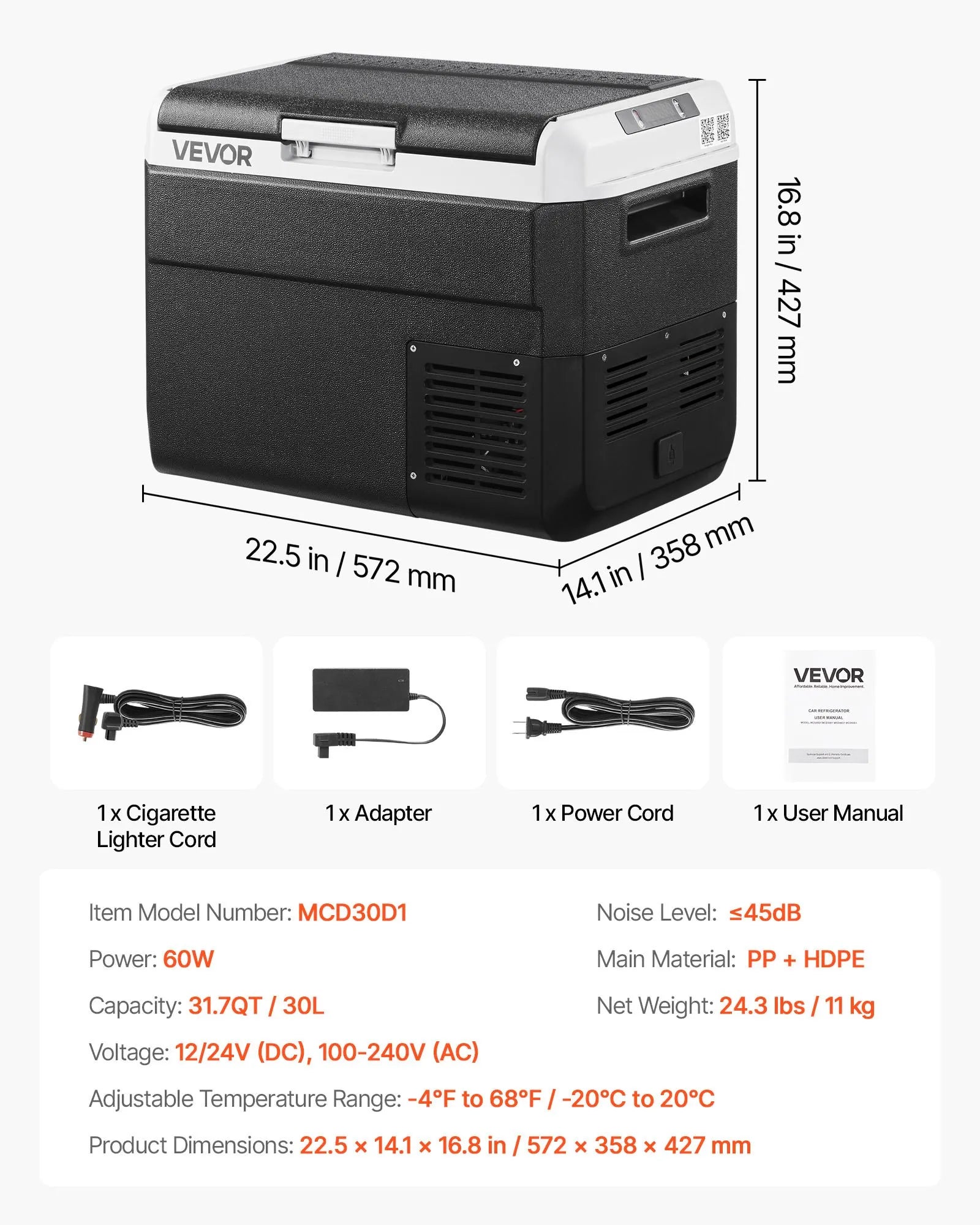 VEVOR 12V Car Refrigerator Portable Freezer 31.7QT Electric Cooler for Camping