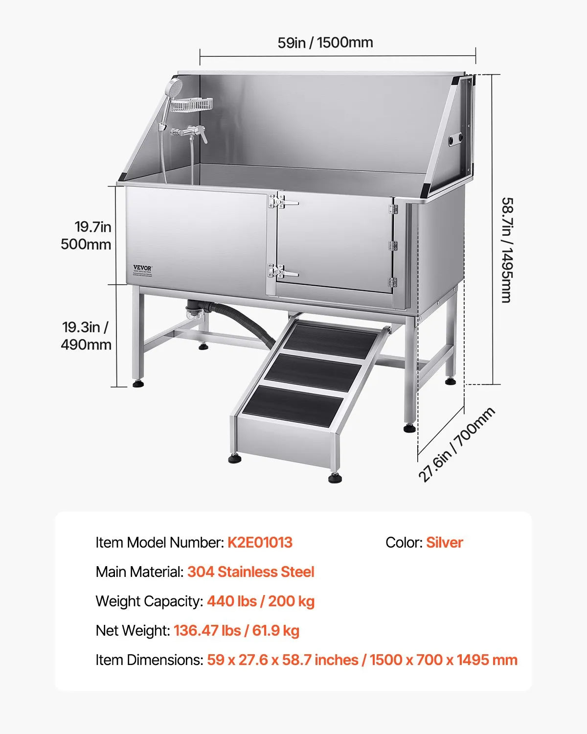 VEVOR 62 Inch Dog Grooming Bath Tub Stainless Steel w Ramp Water Filter