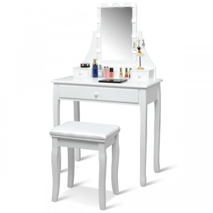 10 LED Lighted Mirror and 3 Drawers Vanity Table Set-White