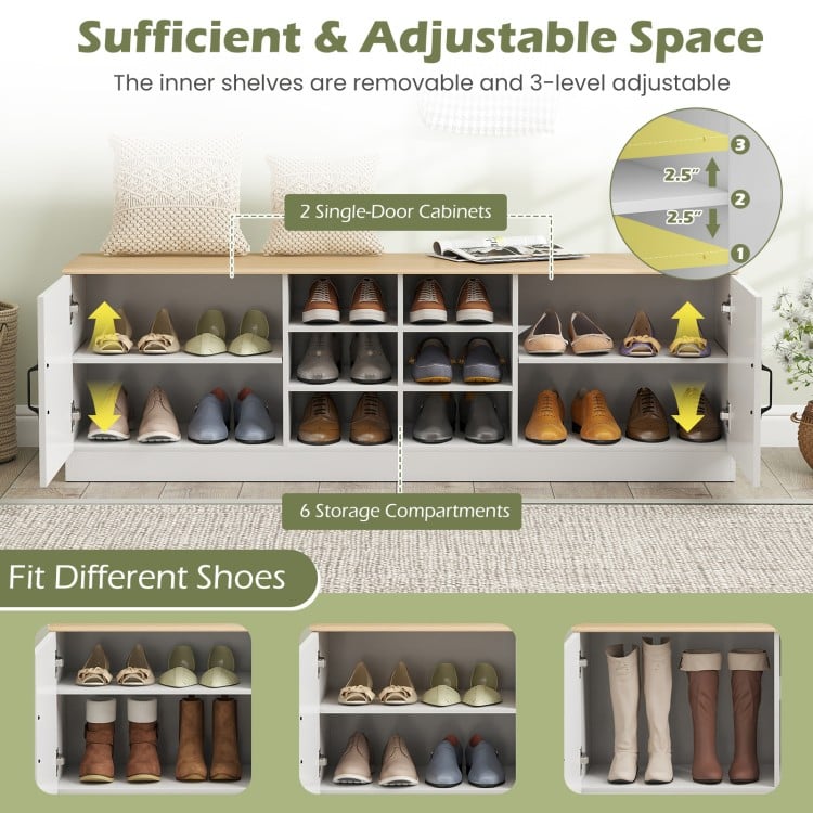 2-Door Shoe Bench Storage Cabinet with Adjustable Shelves-Natural