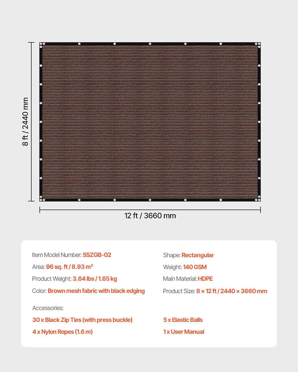 VEVOR 90% Sun Shade Cloth Privacy Screen 8 x 12 ft for Patio Garden (Brown)