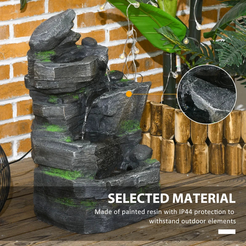 4-Tiered Rock Outdoor Water Fountain with LED Lights, Adjustable Flow, 22.4-inch Resin Waterfall Fountain