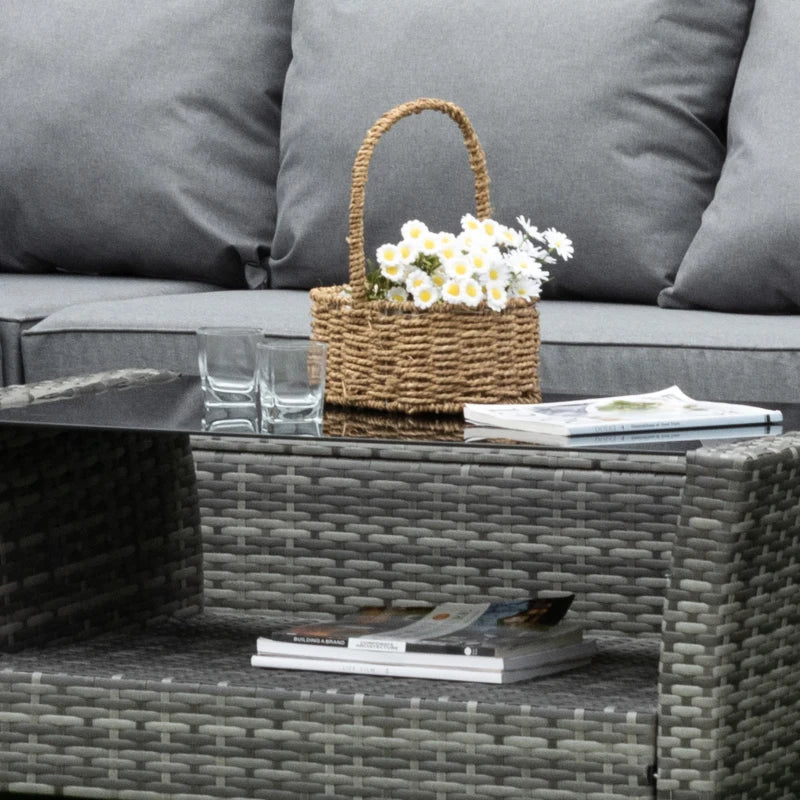 5 Pieces Wicker Patio Furniture Set with 4" Thick Cushions, Outdoor PE Rattan Garden Conversation Sectional Sofa Set with Glass Top Two-tier Coffee Table, Grey