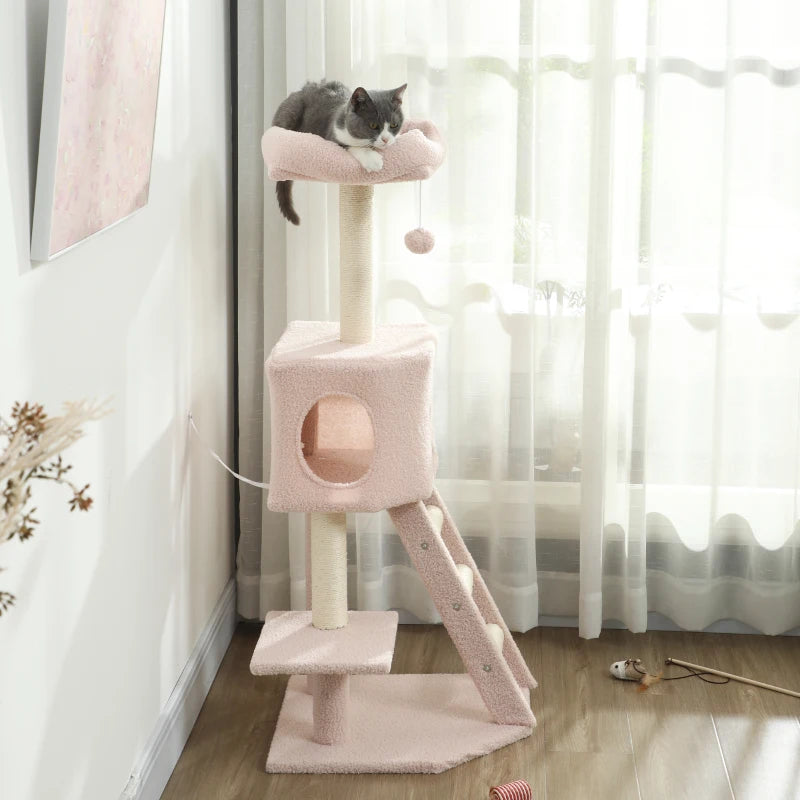 47" Tall Cat Tree Tower with Condo, Ladder, Scratching Posts and Hanging Ball, Pink