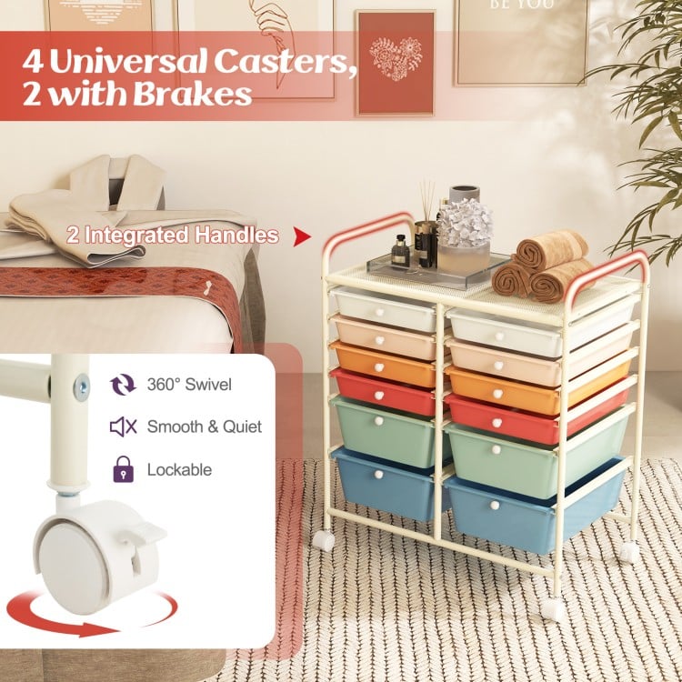 12 Drawers Rolling Cart Storage Scrapbook Paper Organizer Bins-Deep Multicolor