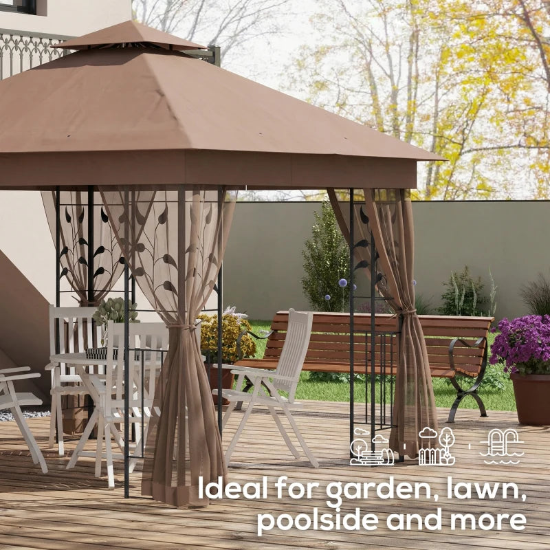 10'x10' Soft-top Steel Patio Gazebo Outdoor Sun Shelter with 2-Tier Polyester Roof, Curtain Sidewalls, Dark Brown