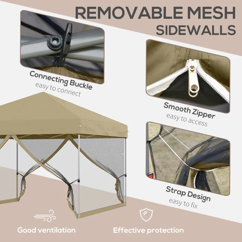 10' x 10' Pop-Up Party Tent UPF50+ Outdoor Canopy Tent with Mesh Sidewalls, 3-Level Adjustable Height, Roller Bag, Khaki