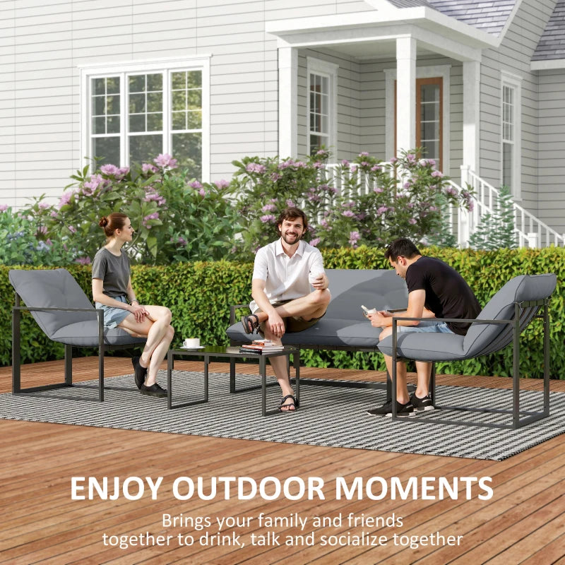 4 Piece Outdoor Furniture Set, Patio Conversation Set with Tempered Glass Table, Loveseat, 2 Chairs and Cushions, Grey