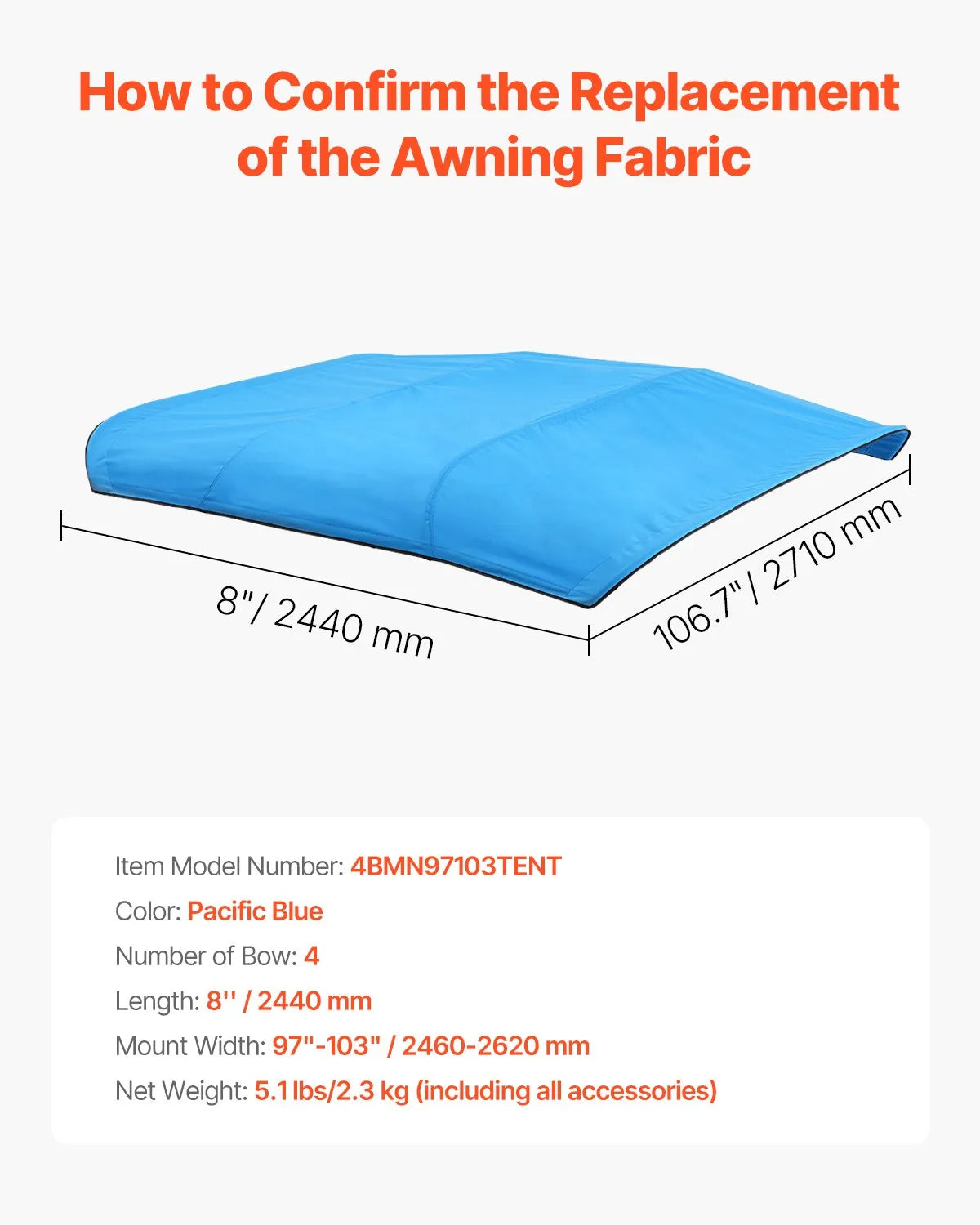 VEVOR 4 Bow Boat Bimini Tops 96"Lx(97"-103")W Awning Top Replacement Pacific Blue