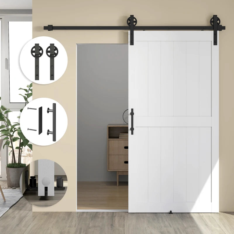 42inx84in Barn Door with 7FT Sliding Door Hardware Kit, Handle, Upgraded Rollers and Floor Guide, Waterproof, White