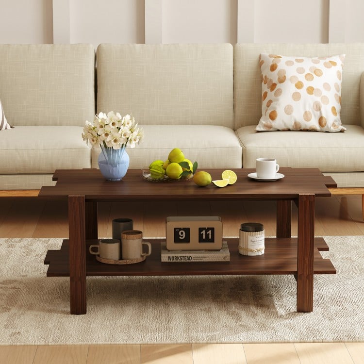 2-Tier Coffee Table Slatted Wood Center Table with Storage Shelf-Walnut
